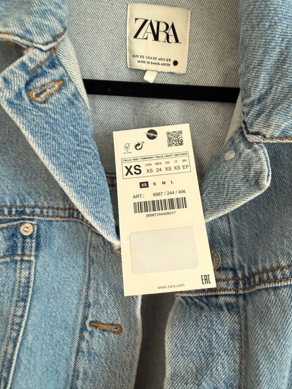 Zara Light Blue Cropped Denim Jacket Tapered with Raw Edges XS - Picture 4 of 4